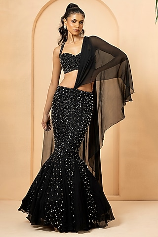 Black Georgette Stone & Sequins Embroidered Fish-Tail Lehenga Set by Quench A Thirst