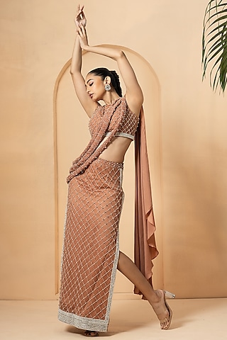 Beige Georgette Sequins Embroidered Skirt Saree Set by Quench A Thirst
