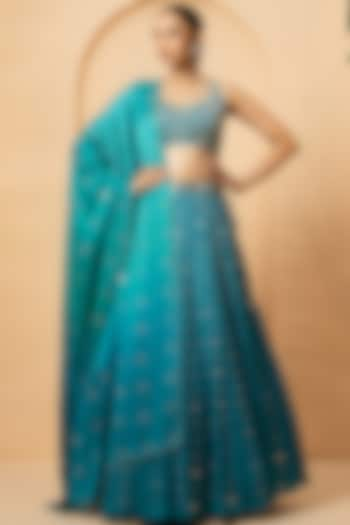 Turquoise Modal Satin Mirror & Pearl Hand Embroidered Lehenga Set by Quench A Thirst