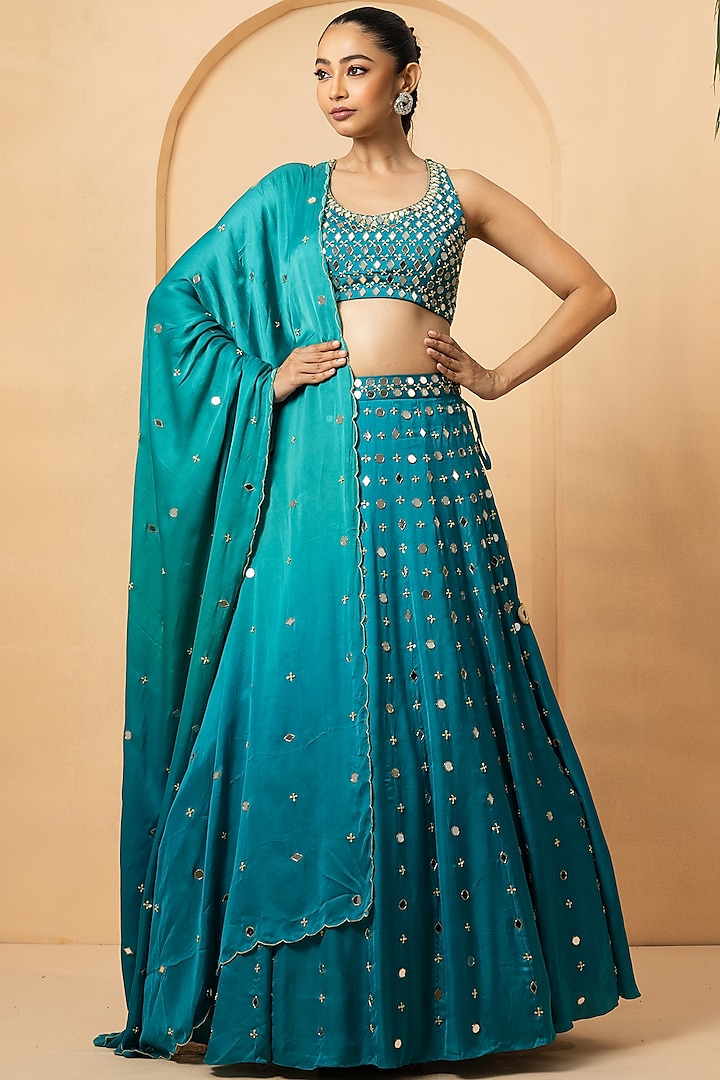 Turquoise Modal Satin Mirror & Pearl Hand Embroidered Lehenga Set by Quench A Thirst