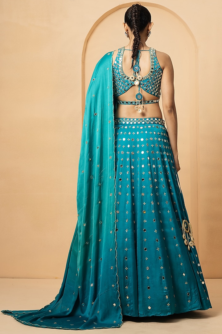 Turquoise Modal Satin Mirror & Pearl Hand Embroidered Wedding Lehenga Set by Quench A Thirst at Pernia's Pop Up Shop