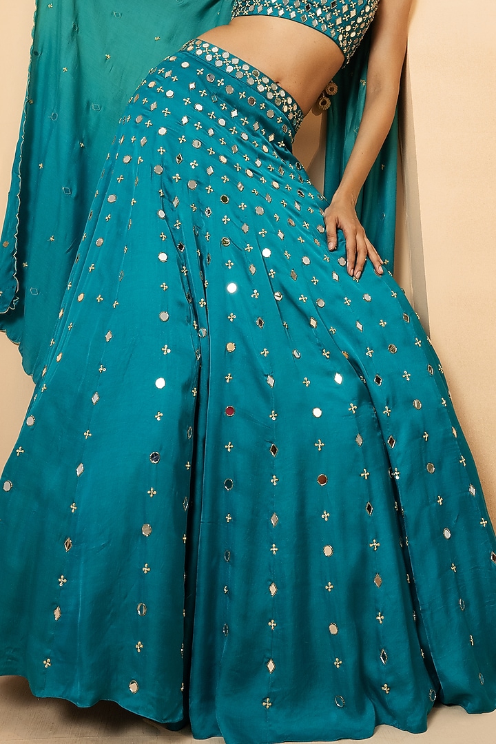 Turquoise Modal Satin Mirror & Pearl Hand Embroidered Wedding Lehenga Set by Quench A Thirst at Pernia's Pop Up Shop
