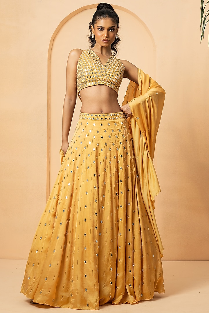 Golden Modal Satin Mirror & Pearl Hand Embroidered Lehenga Set by Quench A Thirst