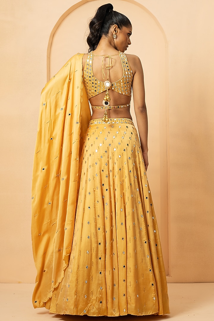 Golden Modal Satin Mirror & Pearl Hand Embroidered Wedding Lehenga Set by Quench A Thirst at Pernia's Pop Up Shop