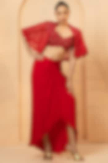 Red Georgette Dhoti Skirt Set by Quench A Thirst at Pernia's Pop Up Shop