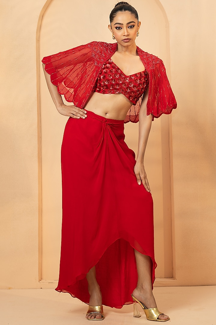 Red Georgette Dhoti Skirt Set by Quench A Thirst at Pernia's Pop Up Shop