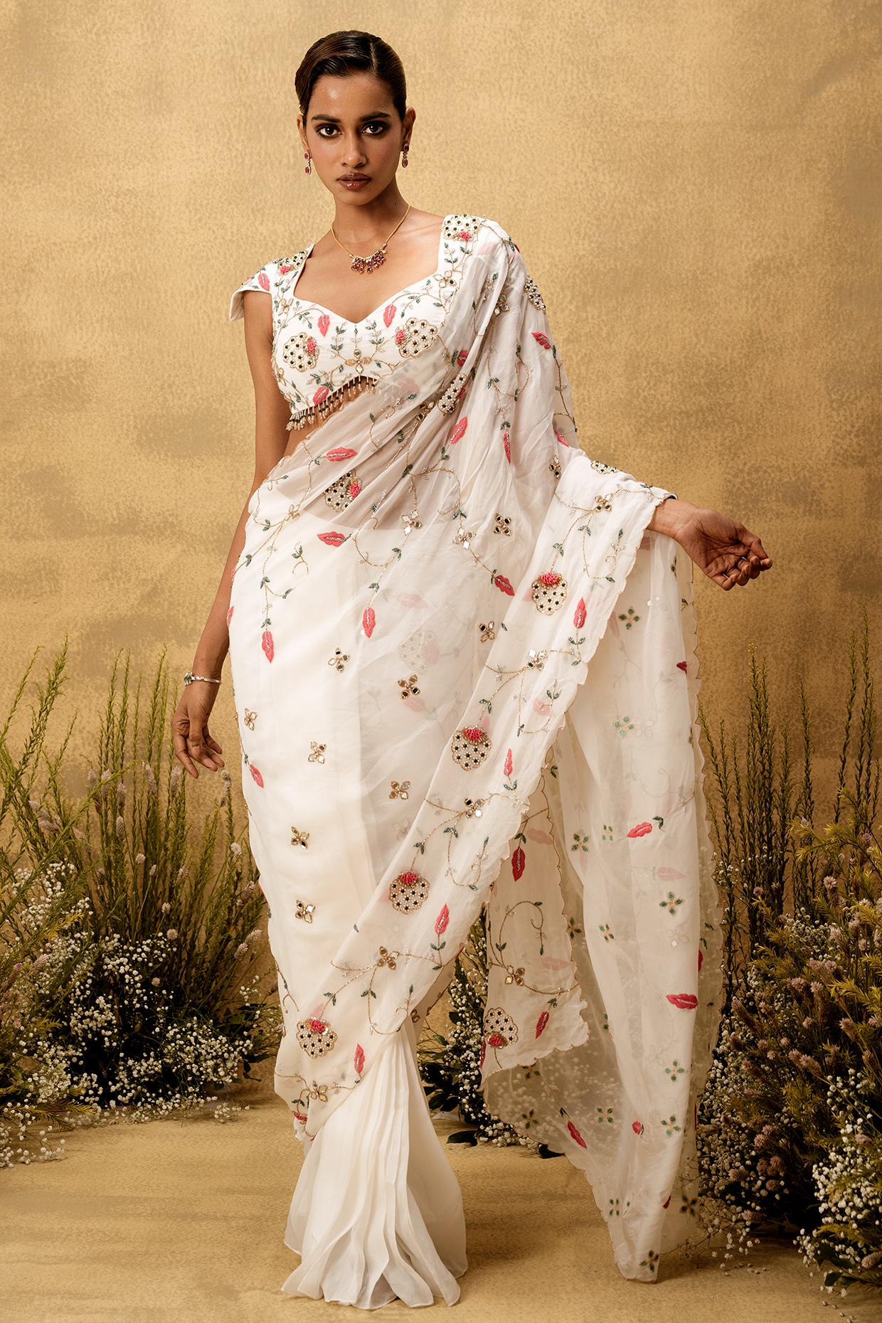 Quench A Thirst Ivory Organza Mirror & Thread Embroidered Pre-Stitched Saree Set