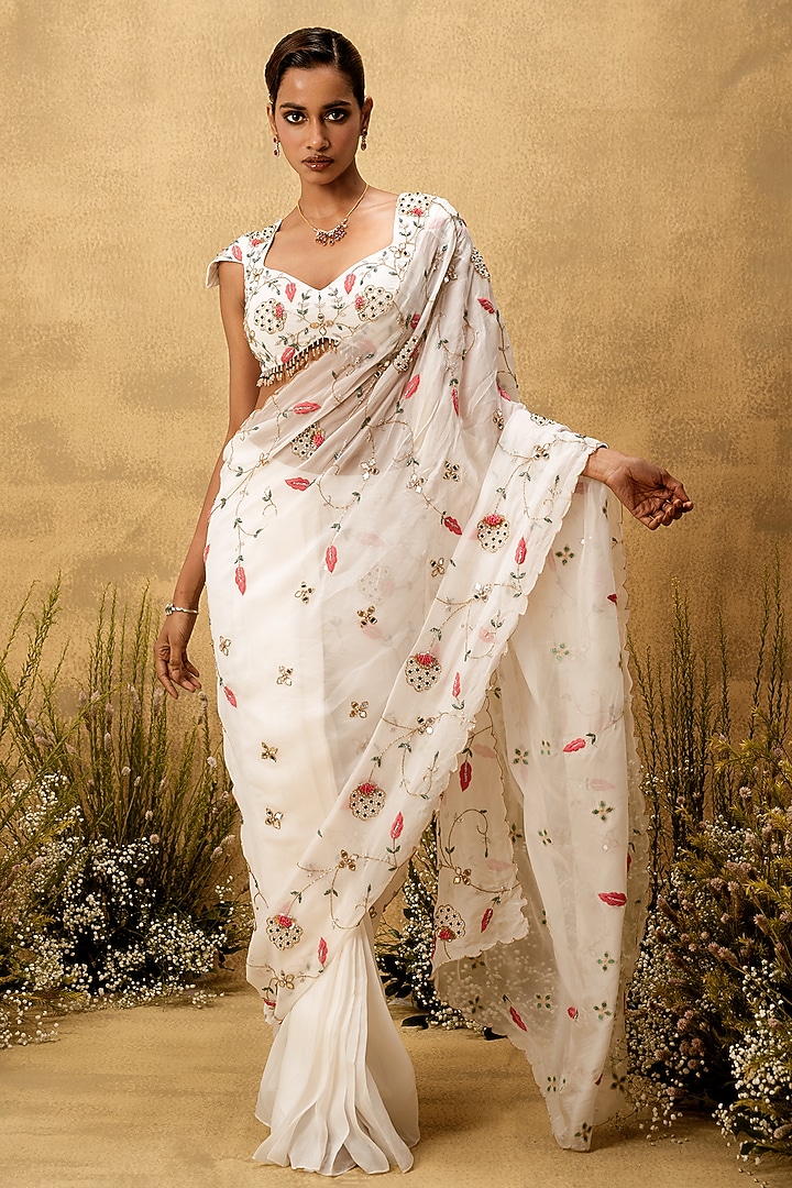 Ivory Organza Mirror & Thread Embroidered Pre-Stitched Wedding Saree Set by Quench A Thirst at Pernia's Pop Up Shop