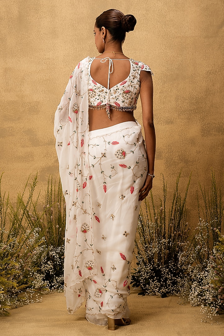 Ivory Organza Mirror & Thread Embroidered Pre-Stitched Wedding Saree Set by Quench A Thirst at Pernia's Pop Up Shop