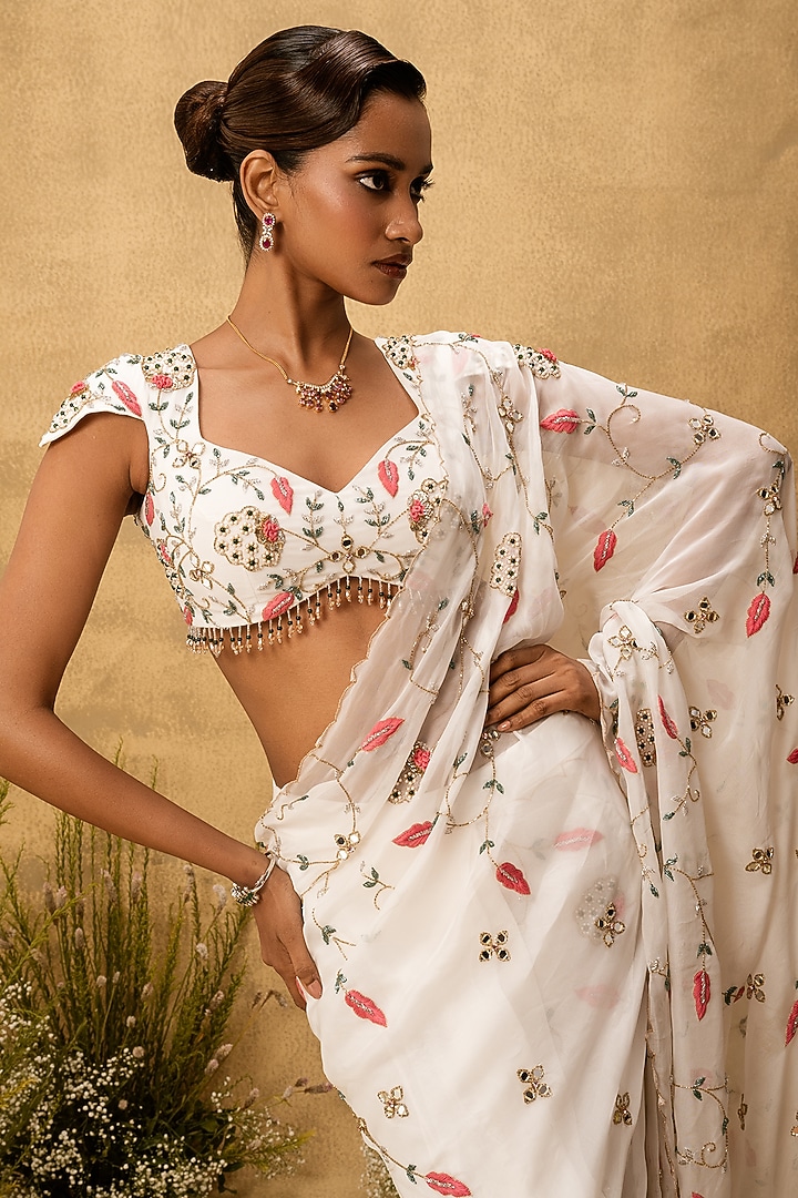 Ivory Organza Mirror & Thread Embroidered Pre-Stitched Wedding Saree Set by Quench A Thirst at Pernia's Pop Up Shop