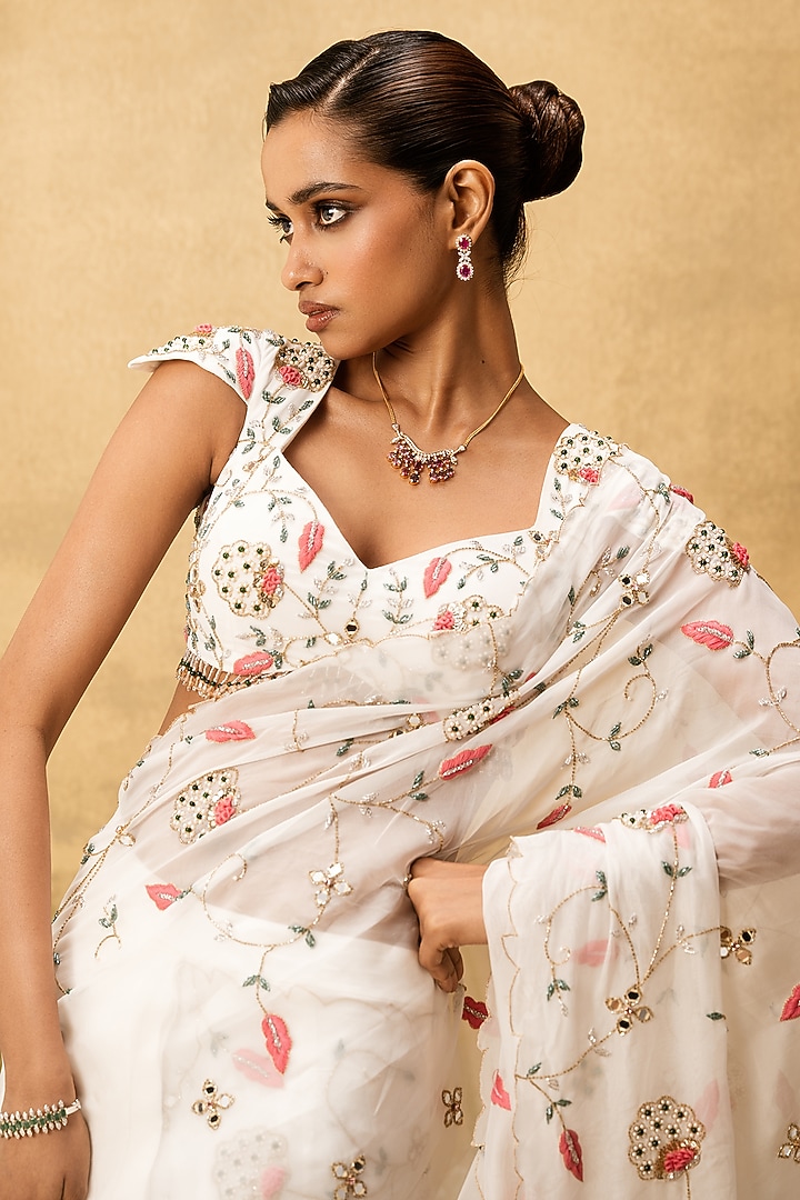 Ivory Organza Mirror & Thread Embroidered Pre-Stitched Wedding Saree Set by Quench A Thirst at Pernia's Pop Up Shop