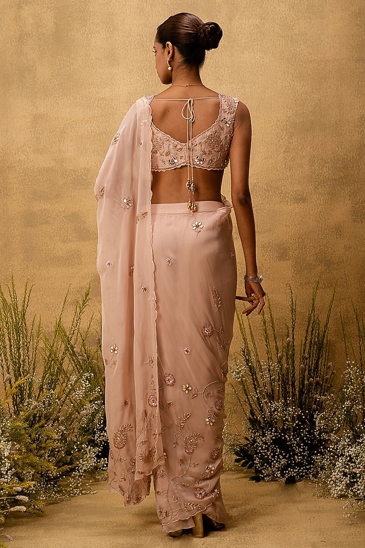 Pastel Pink Organza Cutdana Embroidered Pre-Stitched Wedding Saree Set by Quench A Thirst at Pernia's Pop Up Shop