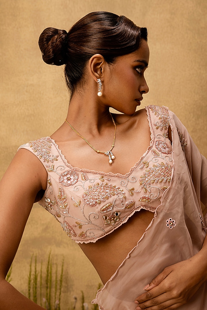Pastel Pink Organza Cutdana Embroidered Pre-Stitched Wedding Saree Set by Quench A Thirst at Pernia's Pop Up Shop