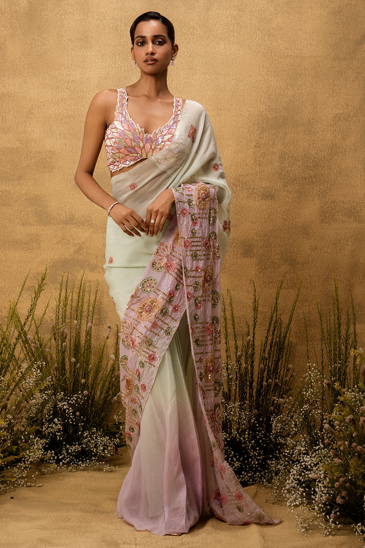 Quench A Thirst Mint Green & Lilac Ombre Organza Hand Embroidered Pre-Stitched Saree Set