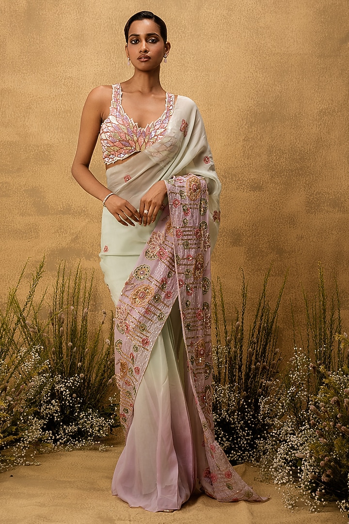 Mint Green & Lilac Ombre Organza Hand Embroidered Pre-Stitched Wedding Saree Set by Quench A Thirst at Pernia's Pop Up Shop