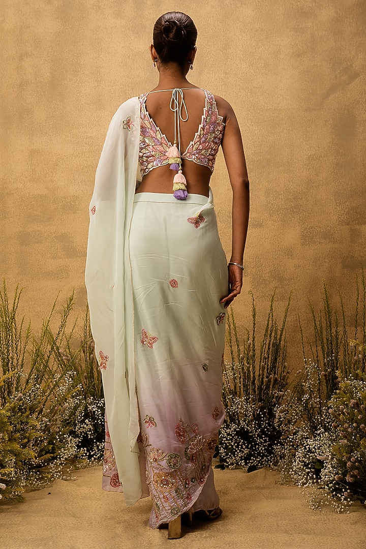 Mint Green & Lilac Ombre Organza Hand Embroidered Pre-Stitched Wedding Saree Set by Quench A Thirst at Pernia's Pop Up Shop