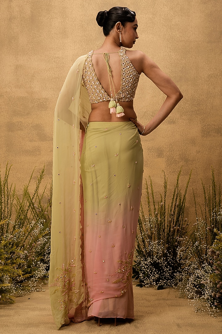 Pastel Green & Pink Ombre Georgette Cutdana Embroidered Pre-Stitched Wedding Saree Set by Quench A Thirst at Pernia's Pop Up Shop