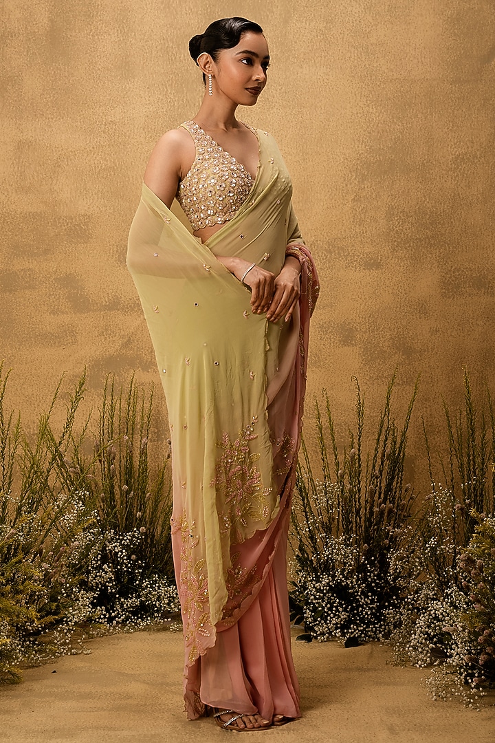 Pastel Green & Pink Ombre Georgette Cutdana Embroidered Pre-Stitched Wedding Saree Set by Quench A Thirst at Pernia's Pop Up Shop