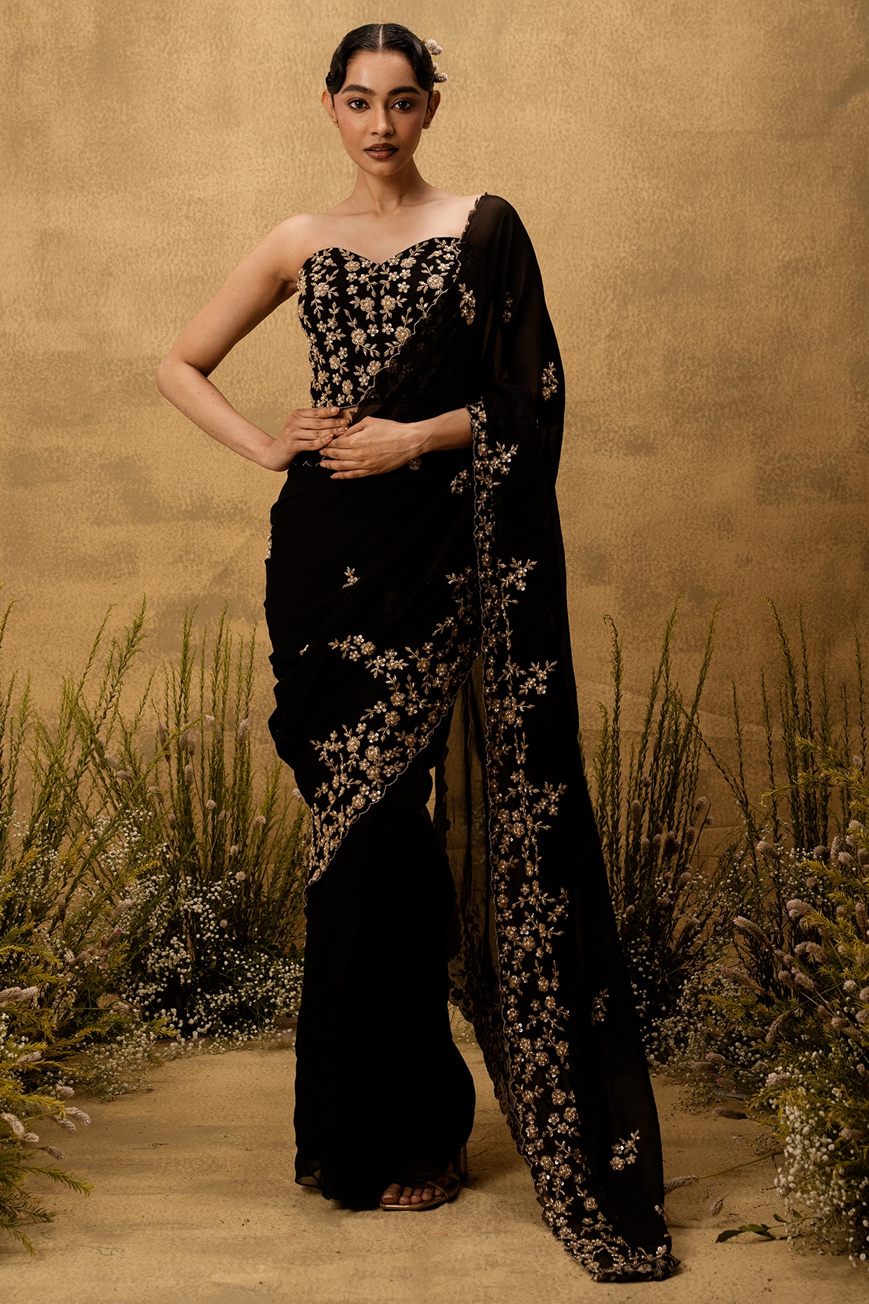 Quench A Thirst Black Organza Mirror Embroidered Pre-Stitched Saree Set
