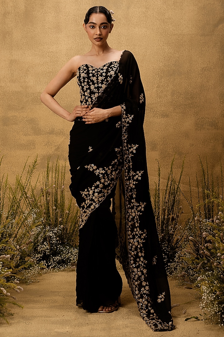 Black Organza Mirror Embroidered Pre-Stitched Wedding Saree Set by Quench A Thirst at Pernia's Pop Up Shop