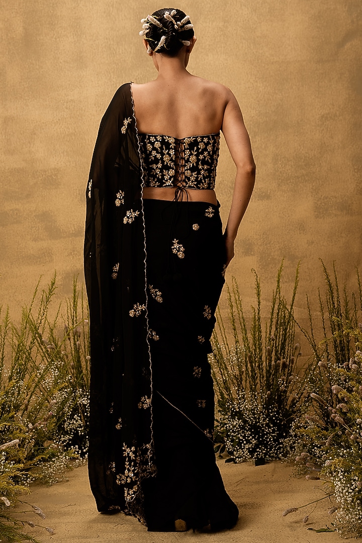 Black Organza Mirror Embroidered Pre-Stitched Wedding Saree Set by Quench A Thirst at Pernia's Pop Up Shop