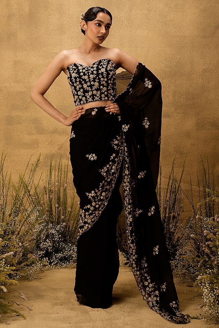 Black Organza Mirror Embroidered Pre-Stitched Wedding Saree Set by Quench A Thirst at Pernia's Pop Up Shop