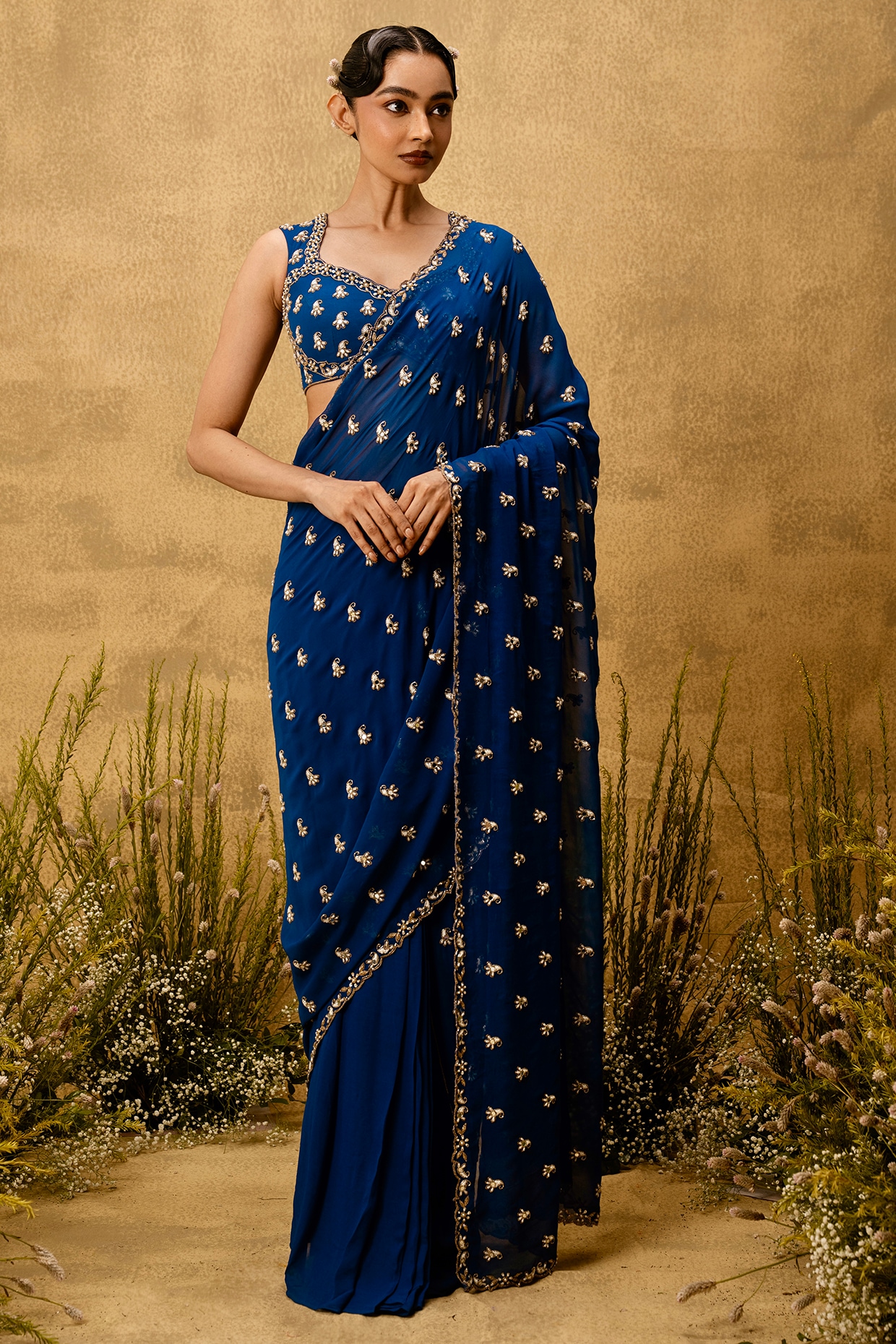 Quench A Thirst Sapphire Blue Georgette Bead Embroidered Pre-Stitched Saree Set