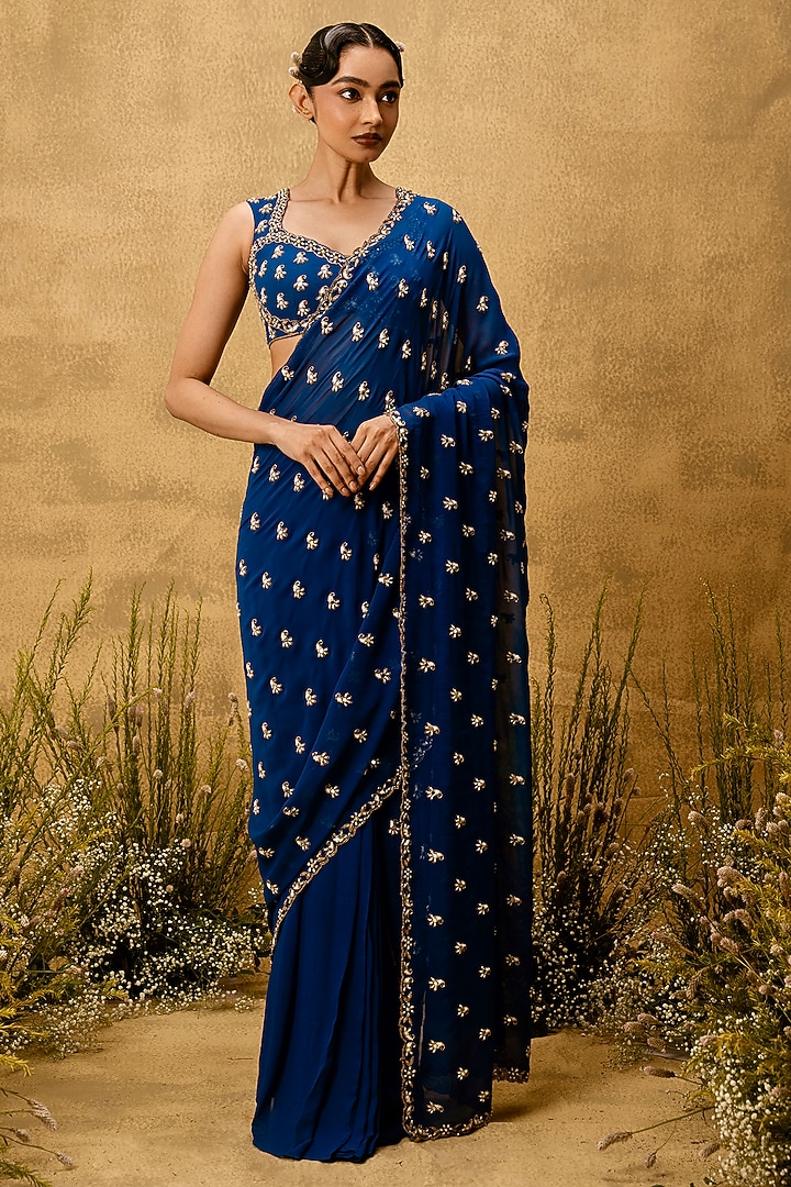 Sapphire Blue Georgette Bead Embroidered Pre-Stitched Wedding Saree Set by Quench A Thirst at Pernia's Pop Up Shop