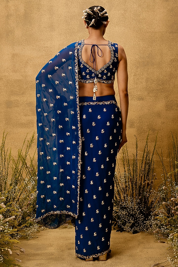 Sapphire Blue Georgette Bead Embroidered Pre-Stitched Wedding Saree Set by Quench A Thirst at Pernia's Pop Up Shop