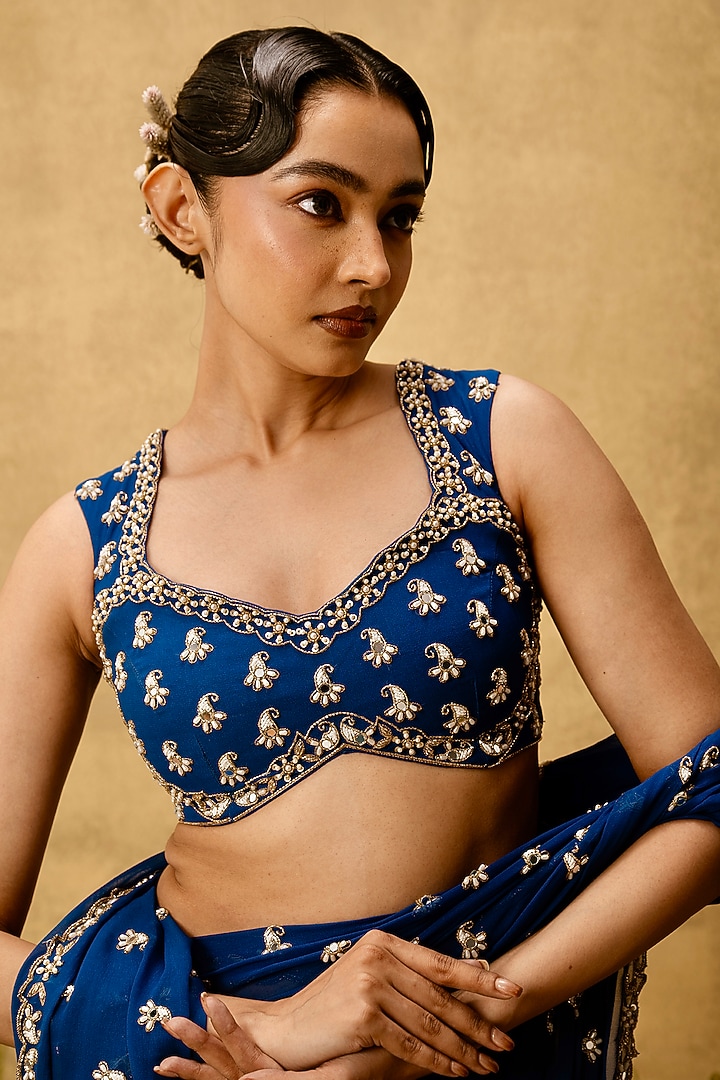 Sapphire Blue Georgette Bead Embroidered Pre-Stitched Wedding Saree Set by Quench A Thirst at Pernia's Pop Up Shop