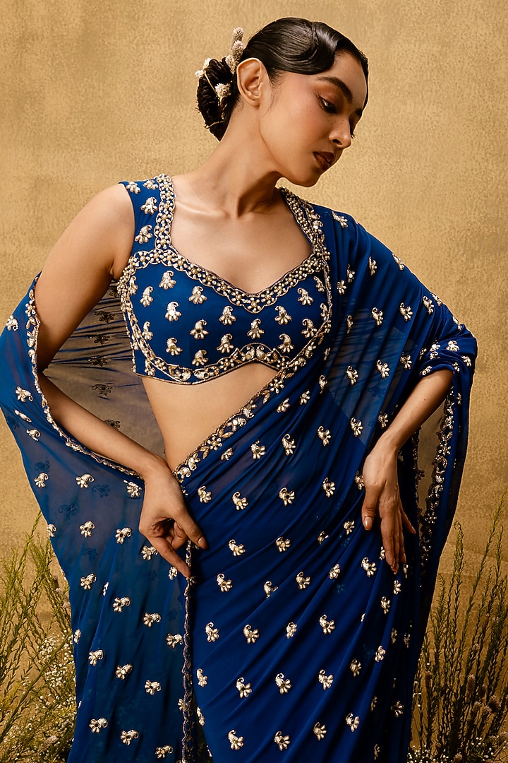 Sapphire Blue Georgette Bead Embroidered Pre-Stitched Wedding Saree Set by Quench A Thirst at Pernia's Pop Up Shop