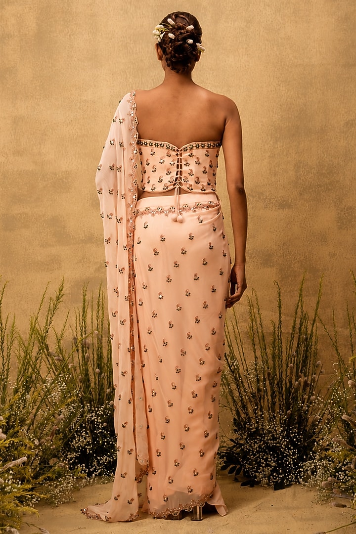 Peach Georgette Hand Embroidered Pre-Stitched Wedding Saree Set by Quench A Thirst at Pernia's Pop Up Shop