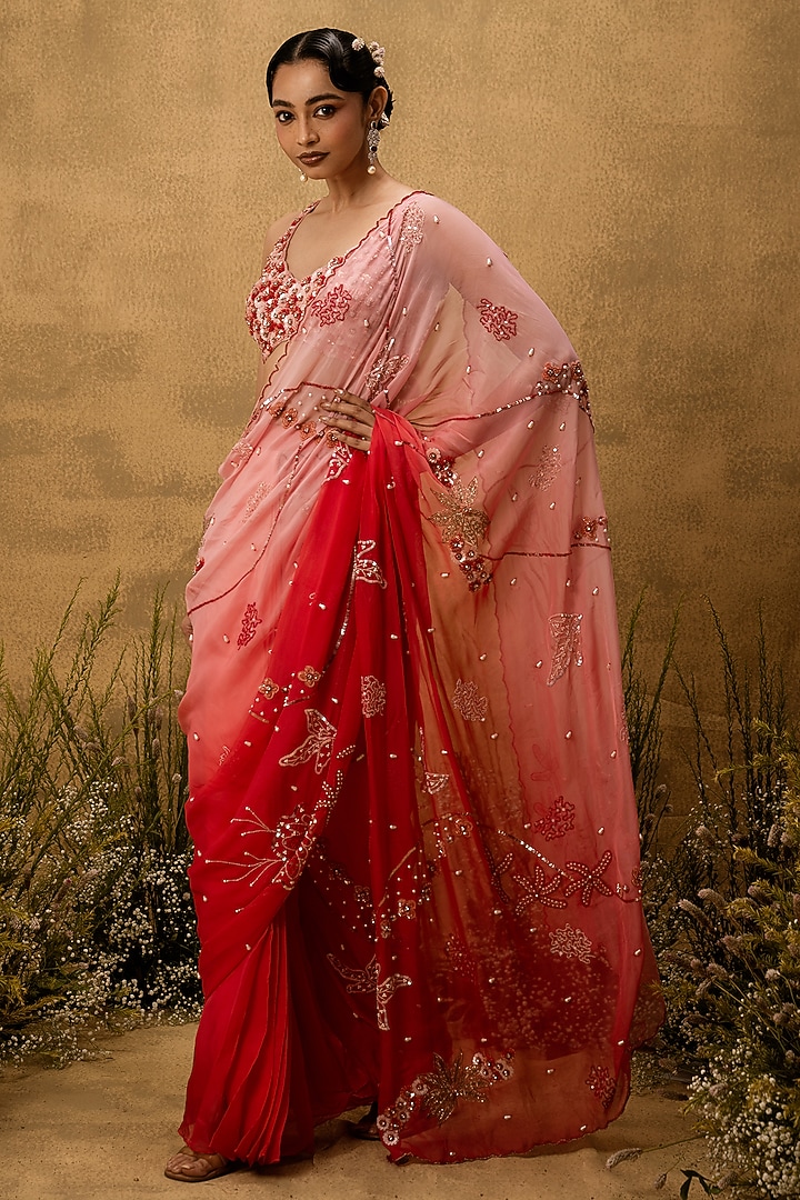 Pink Ombre Organza Mirror Embroidered Pre-Stitched Wedding Saree Set by Quench A Thirst at Pernia's Pop Up Shop