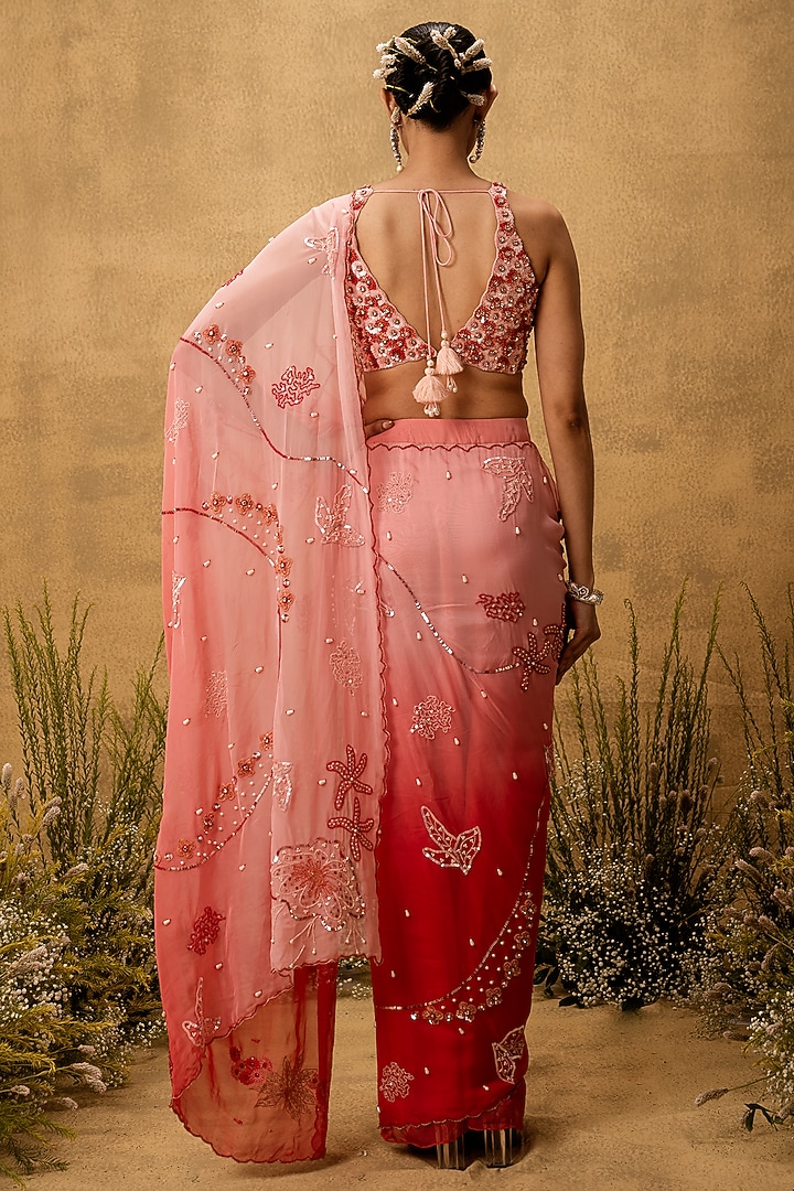 Pink Ombre Organza Mirror Embroidered Pre-Stitched Wedding Saree Set by Quench A Thirst at Pernia's Pop Up Shop
