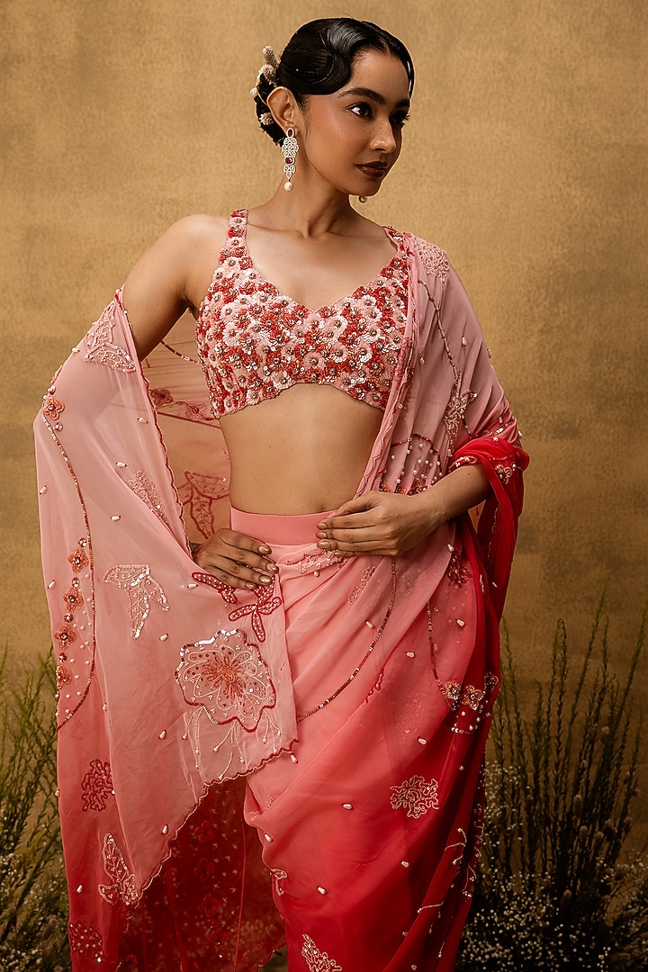 Pink Ombre Organza Mirror Embroidered Pre-Stitched Wedding Saree Set by Quench A Thirst at Pernia's Pop Up Shop