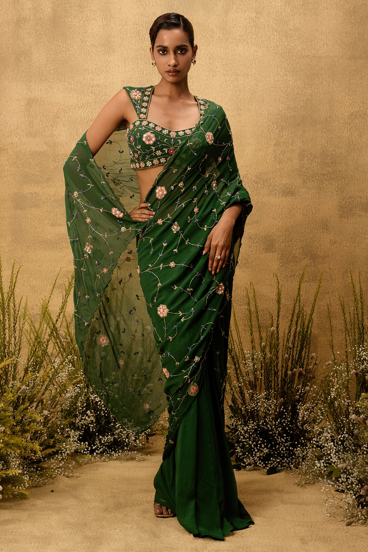 Quench A Thirst Emerald Green Georgette Hand Embroidered Pre-Stitched Saree Set