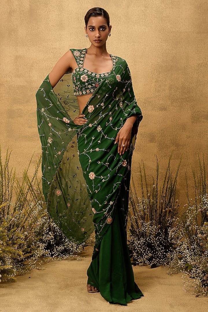 Emerald Green Georgette Hand Embroidered Pre-Stitched Wedding Saree Set by Quench A Thirst at Pernia's Pop Up Shop