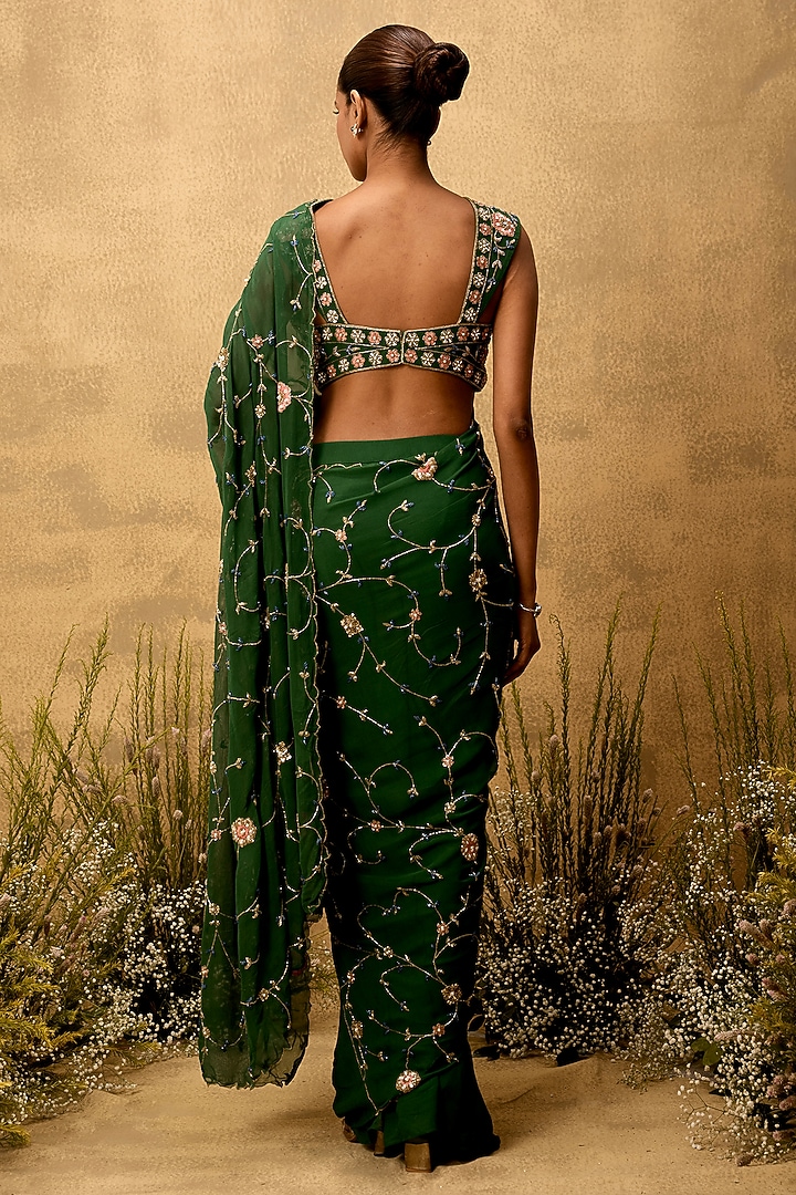 Emerald Green Georgette Hand Embroidered Pre-Stitched Wedding Saree Set by Quench A Thirst at Pernia's Pop Up Shop