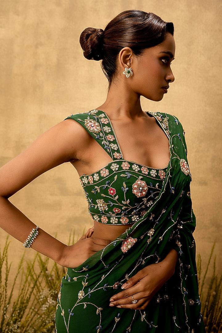 Emerald Green Georgette Hand Embroidered Pre-Stitched Wedding Saree Set by Quench A Thirst at Pernia's Pop Up Shop
