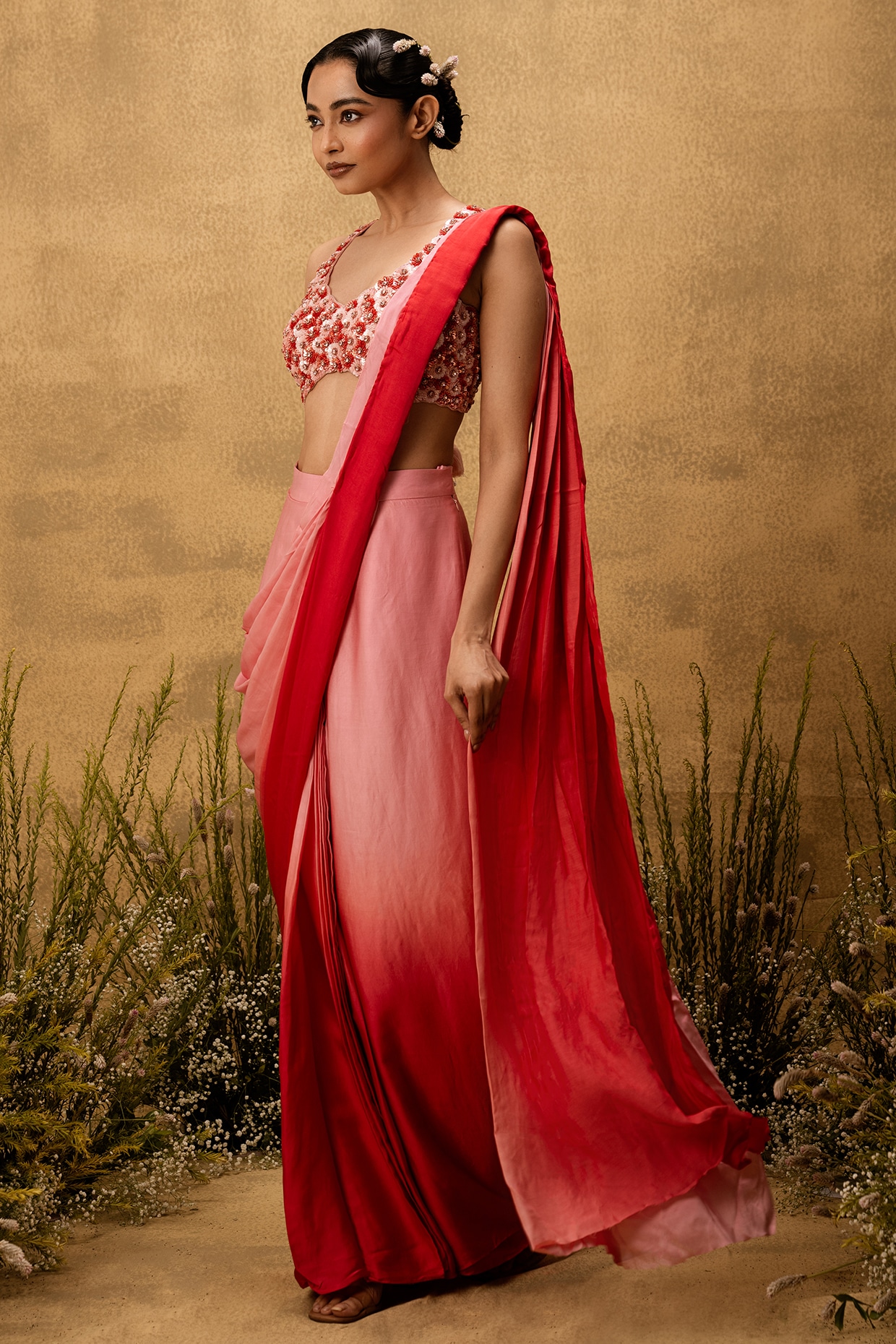 Quench A Thirst Pastel Pink Ombre Modal Satin Hand Embroidered Pre-Stitched Saree Set