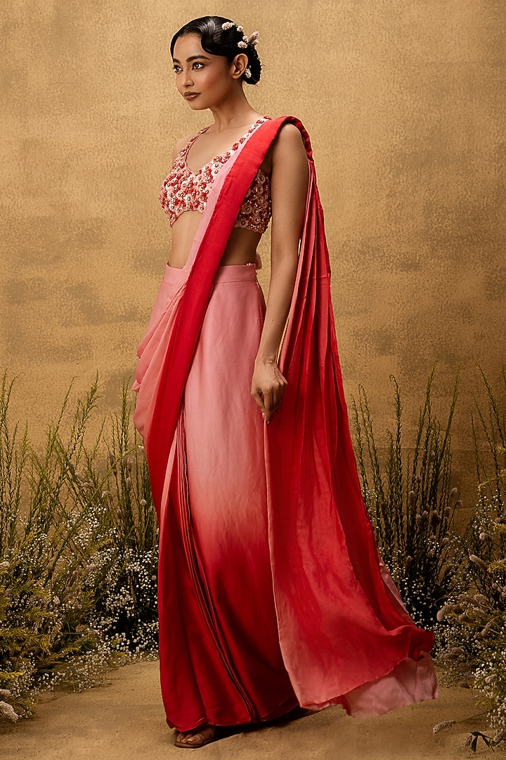 Pastel Pink Ombre Modal Satin Hand Embroidered Pre-Stitched Party Wear Saree Set by Quench A Thirst at Pernia's Pop Up Shop
