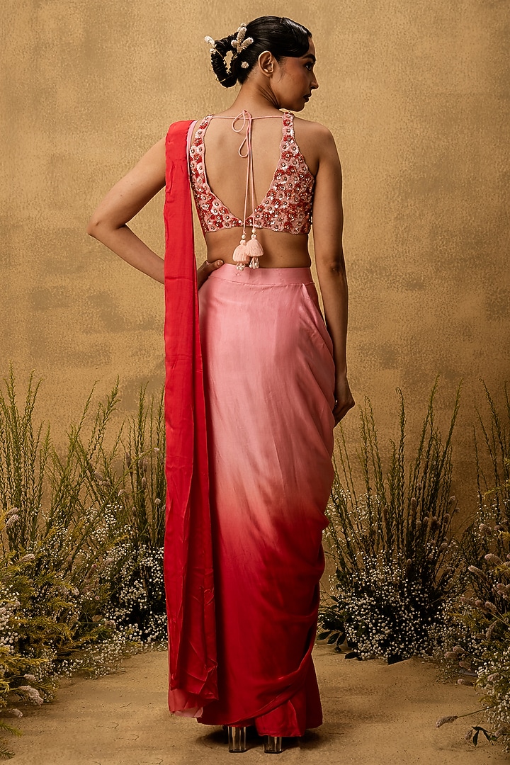 Pastel Pink Ombre Modal Satin Hand Embroidered Pre-Stitched Party Wear Saree Set by Quench A Thirst at Pernia's Pop Up Shop