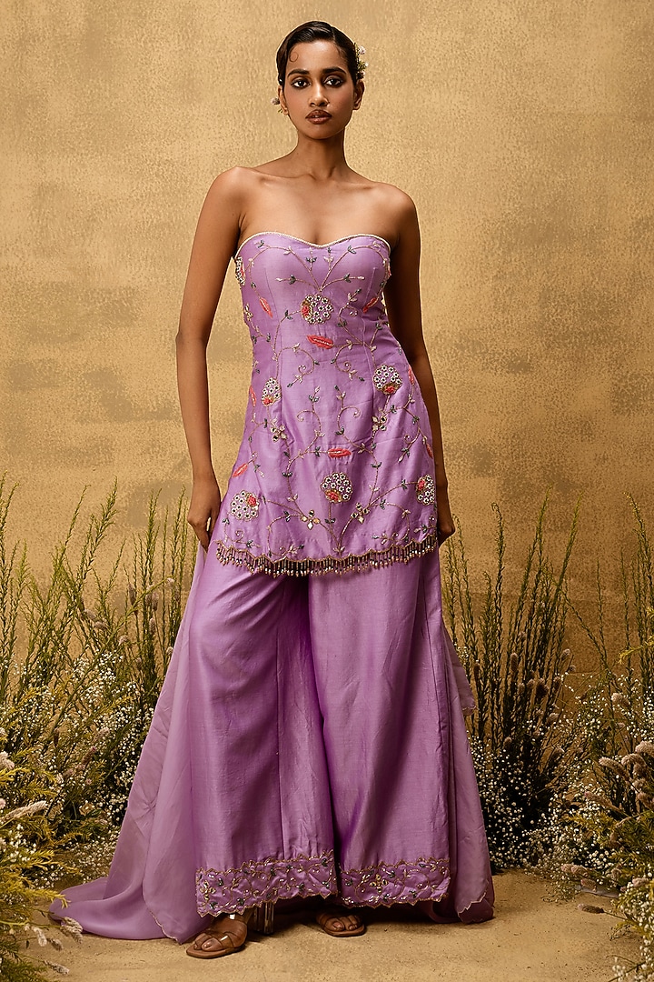 Purple Chanderi Silk Cutdana Embroidered Wedding Sharara Set by Quench A Thirst at Pernia's Pop Up Shop