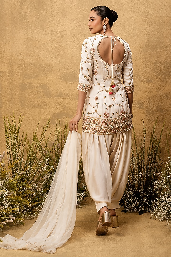 Ivory Modal Satin Cutdana Hand Embroidered Kurta Set by Quench A Thirst at Pernia's Pop Up Shop