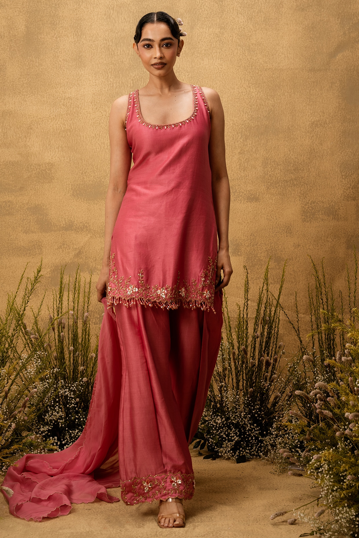 Quench A Thirst Pink Chanderi Silk Mirror Embroidered Kurta Set