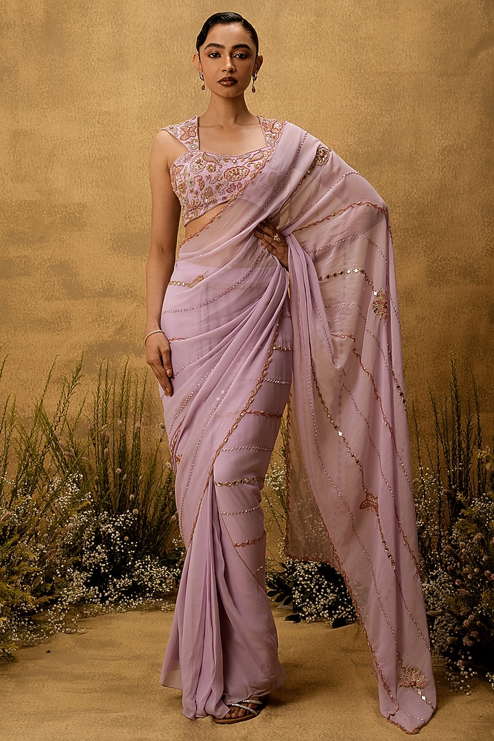 Lilac Georgette Hand Embroidered Pre-Stitched Wedding Saree Set by Quench A Thirst at Pernia's Pop Up Shop