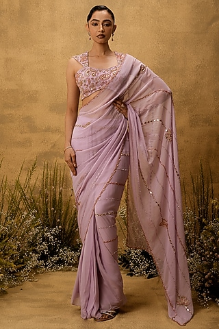 Lilac Georgette Hand Embroidered Pre-Stitched Saree Set by Quench A Thirst