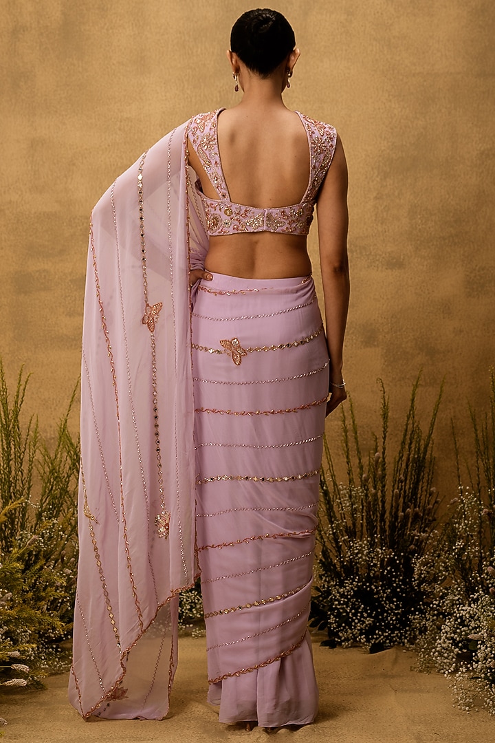 Lilac Georgette Hand Embroidered Pre-Stitched Wedding Saree Set by Quench A Thirst at Pernia's Pop Up Shop