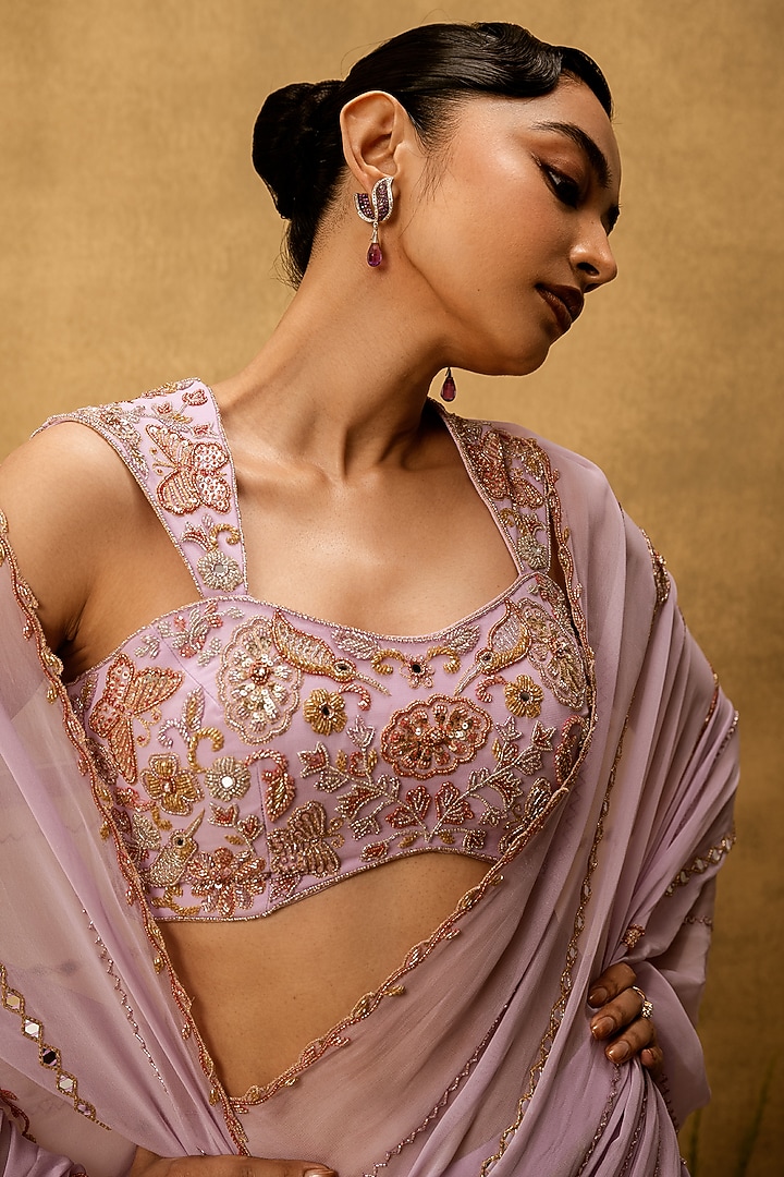 Lilac Georgette Hand Embroidered Pre-Stitched Wedding Saree Set by Quench A Thirst at Pernia's Pop Up Shop