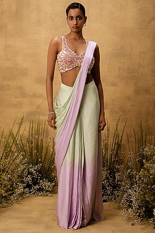 Mint Green & Lilac Ombre Modal Satin Embroidered Pre-Stitched Saree Set by Quench A Thirst